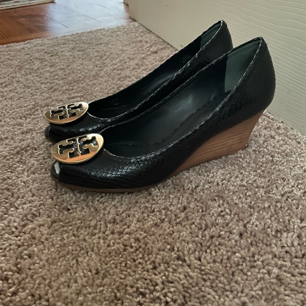 Tory Burch Black Peep Toe Pumps with Wedge Heel